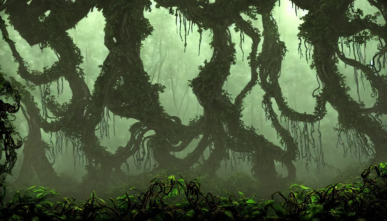 Prompt: eerie and dark deep mayan jungle forest realm biodiversity , side-scrolling 2d platformer game level, swirling clouds of magical fog through the trees, web of vines, ancient temple gigantic statue guardians in ruins in the background between the tree trunks, dramatic dusk sun illuminates areas, volumetric light , detailed entangled roots carpet the forest floor, rich color, upscale , 8k