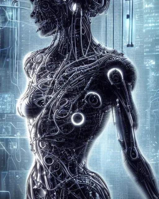 Image similar to portrait photo of a biomechanical torso of an elegant cyborg plugged into a quantum computer with cables and wires and optic fibers. cyberpunk horror style. art by luis royo. highly detailed 8 k. intricate. nikon d 8 5 0 5 5 mm. award winning photography.