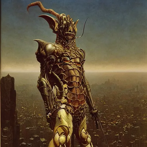 Image similar to portrait of immense, majestic, surreal, terrifying drak fantasy goblin standing triumphant over the city, perfectly clear face, by j. c. leyendecker, bosch, and beksinski