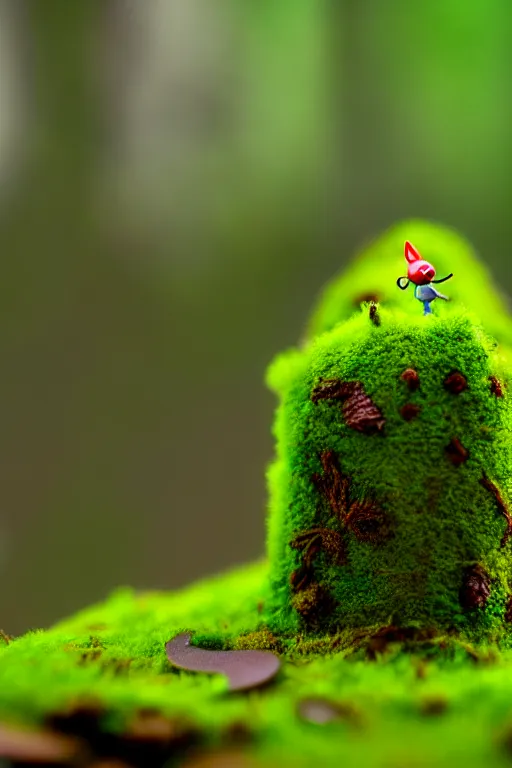 Image similar to pikmin on a mossy forest floor, macro photography