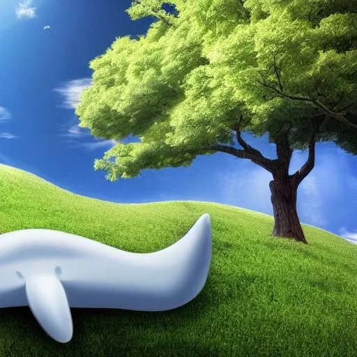 Image similar to three white whales flying near giant tree in the green field, realistic, HD,