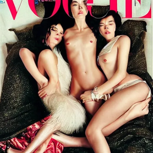 Image similar to stunning vogue magazine photo of dark - haired goddesses vanessa kirby, hailee steinfeld, and bjork smiling, legs intertwined, laying back on the bed, with wet faces!!, wet lips, smooth skin, perfect eyes, insanely detailed, elegant, by wlop, rutkowski, livia prima, mucha, wlop