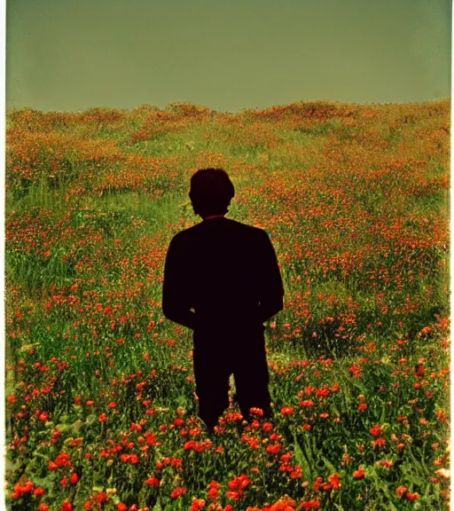 Image similar to mystical dark death god standing in tall meadow of flowers, distant, vintage film photo, grainy, high detail, high resolution