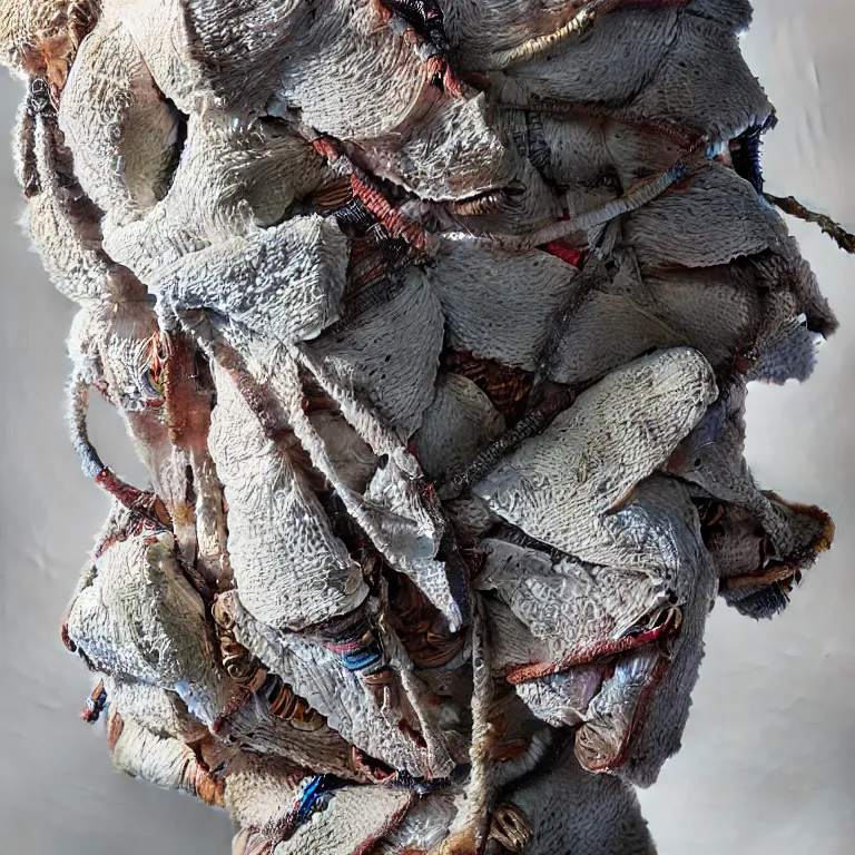 Prompt: mixed media abstract sculpture created with fabrics and ropes by alexander mcqueen / highly detailed, intrincate, studio lighting, octane, lumen unreal 5