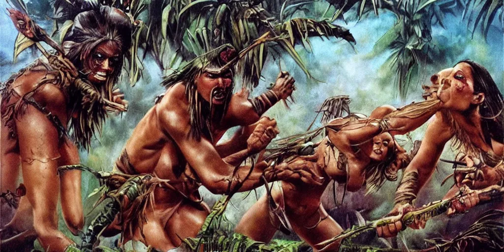 Prompt: battle in jungle, brutal aztec and Amazonian females fight, epic, vintage, blood, slight inspiration of Boris vallejo and apocalypto