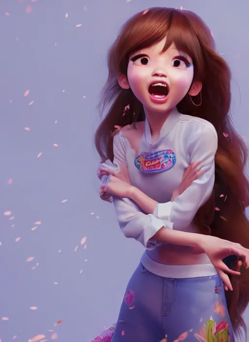 Image similar to a cute asian girl singing, flowing hair in the style of pixar animation, mid-shot, award winning, hyper detailed, studio lighting, artstation, octane renderer, unreal engine