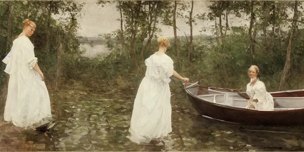 Image similar to a woman wearing a white dress in a row boat on a calm lake with a forest in the background, in the style of anders zorn