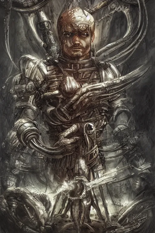 Image similar to mario getting ready for battle, fantasy magic, light night, intricate, elegant, sharp focus, illustration, highly detailed, digital painting, concept art, matte, art by h. r. giger, masterpiece