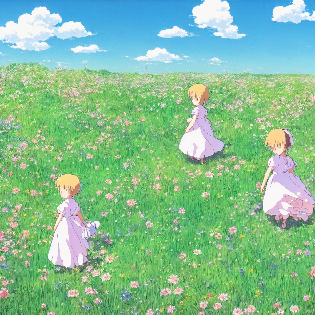 Prompt: little girl in princess dress, walking through a field of flowers, puffy clouds, beautiful, summer, calm, studio ghibli, art by hayao miyazaki, makoto shinkai