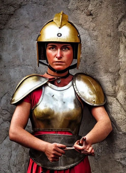 Prompt: portrait of female roman gladiator with helmet and armor, color photograph by steve mccurry