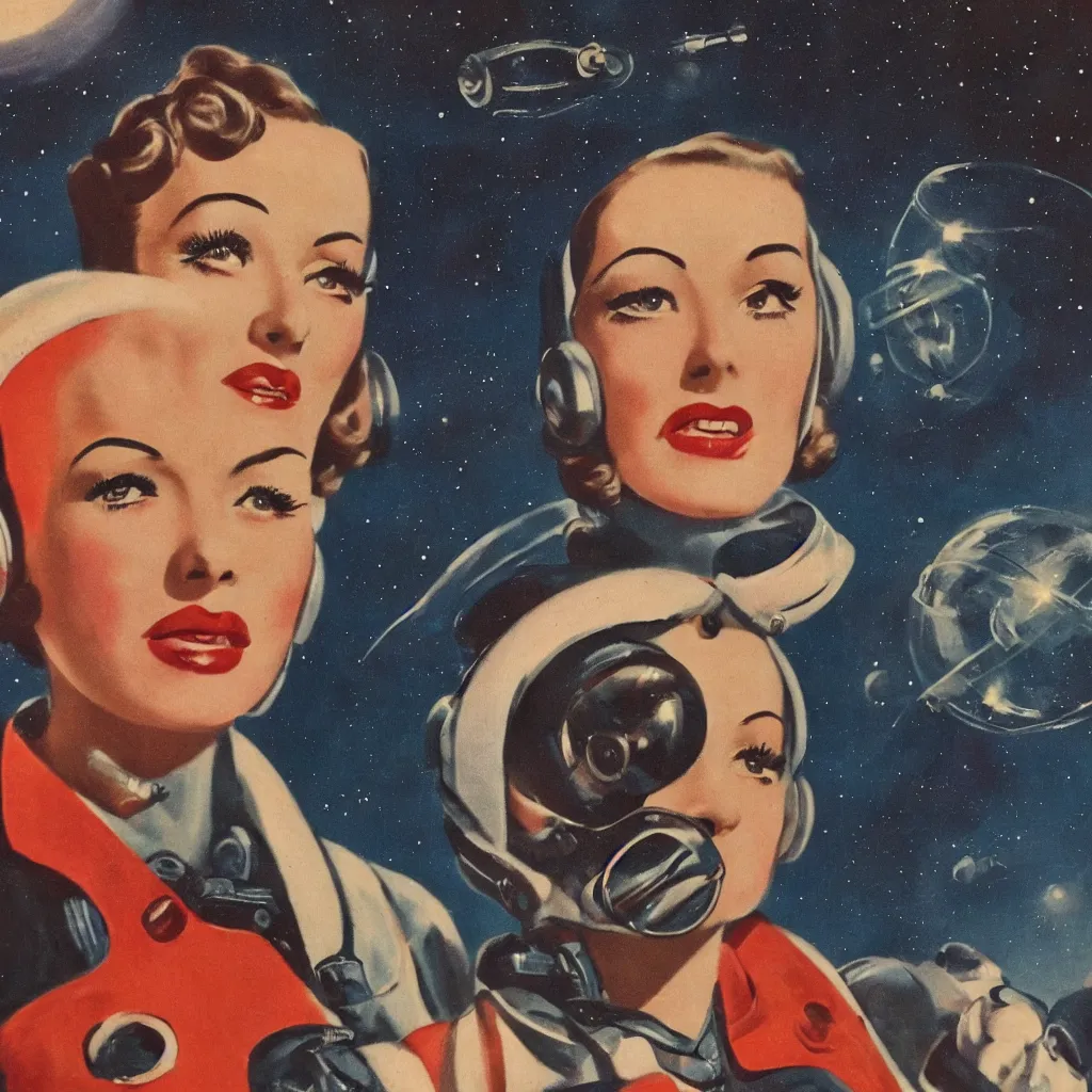 Image similar to 1940s Pulp Sci-fi style, closeup of a woman's face in a retro spacesuit with a dark and mysterious sky.