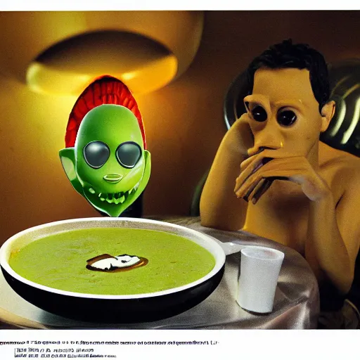 Image similar to a modernized alien enjoying himself a bowl of split pea mushroom soup a 5 star restaurant in the bronx, photorealistic, highly detailed, photography, refined spontaneity