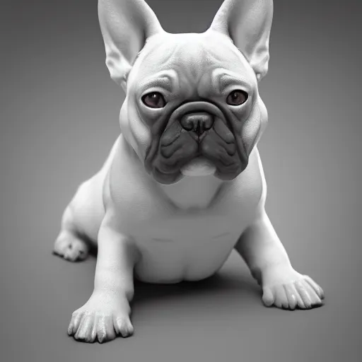 Prompt: quartz crystal carved into the shape of a french bulldog, photo realistic, dramatic cinematic lighting, octane render, 4 k, ultra detailed