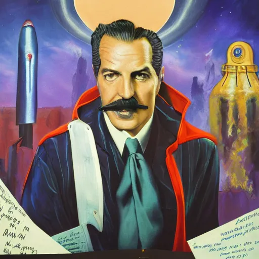 Prompt: vincent price as billionaire howard hughes in sci fi robes and high collar, vivid, rocket factory in the background, mike mignogna, illustration, dynamic and dramatic, highly detailed, rough paper, dark, oil painting