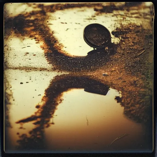 Image similar to polaroid of a beautiful gasoline puddle, reflection, pareidolia, cinematographic