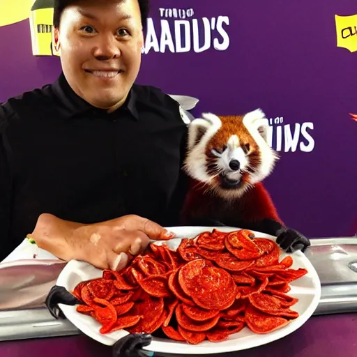 Image similar to red panda eating takis at the super bowl