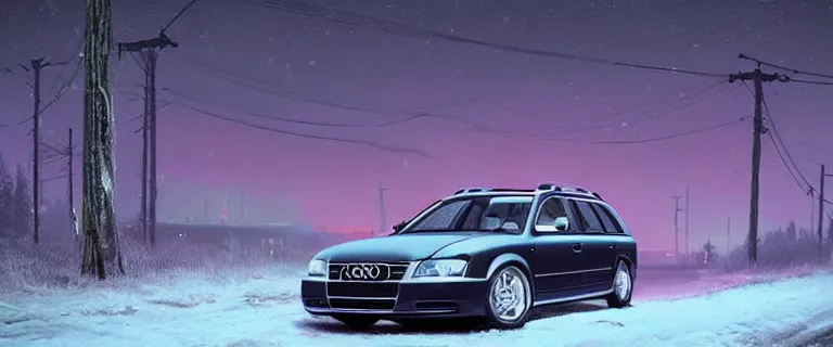 Image similar to Audi A4 B6 Avant (2002), a gritty neo-noir, dramatic bright lighting, cinematic, establishing shot, extremely high detail, photorealistic, cinematic lighting, artstation, by simon stalenhag, Snowy ukrainian road, At night, Poets of the Fall - Late Goodbye