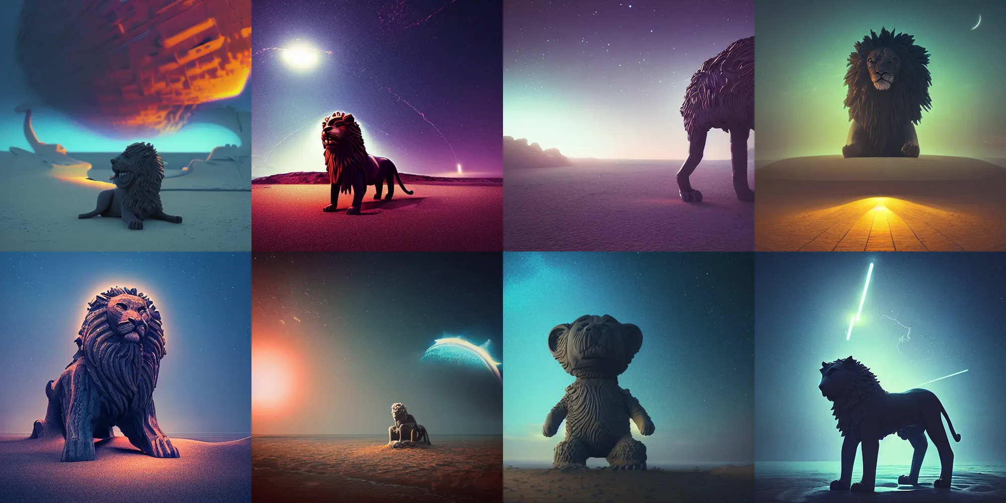 Prompt: beautiful dark beach landscape, giant lion statue glowing eyes, beautiful outer space sky, in the style of beeple and Mike Winkelmann, intricate, epic lighting, cinematic composition, hyper realistic, 8k resolution,