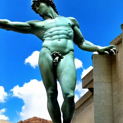 Prompt: Vaporwave composition of Statue of David by Michelangelo on a checkerboard floor against a turquoise sky