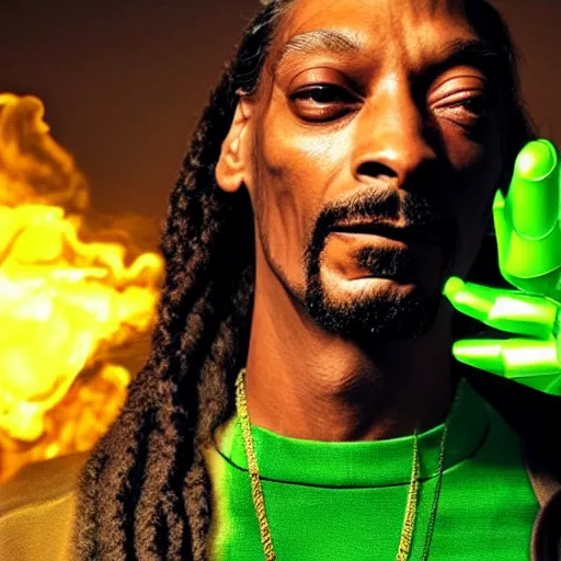 Prompt: Snoop Dogg starring as a futuristic Marvel Super Hero holding green fire for a 2019 Marvel Movie, Studio Photograph, portrait C 12.0