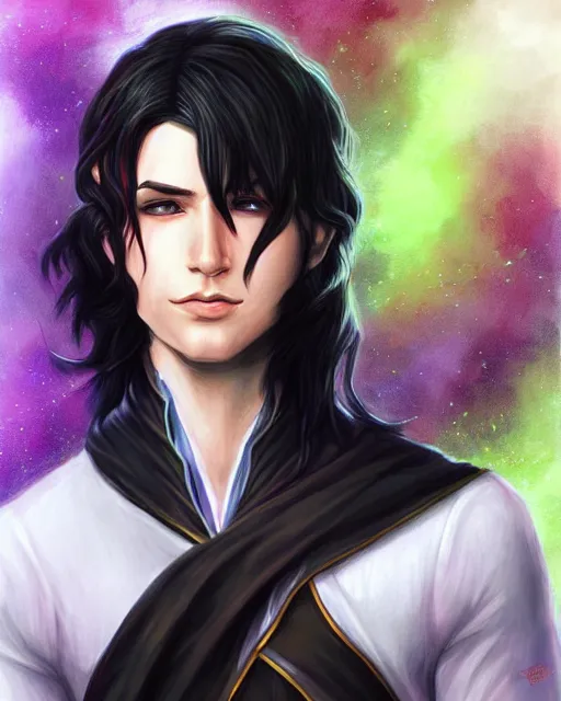 Prompt: multicolor drawing of elven boy mage with long black hair by artgerm city fantasy 4 k ultra high resolution