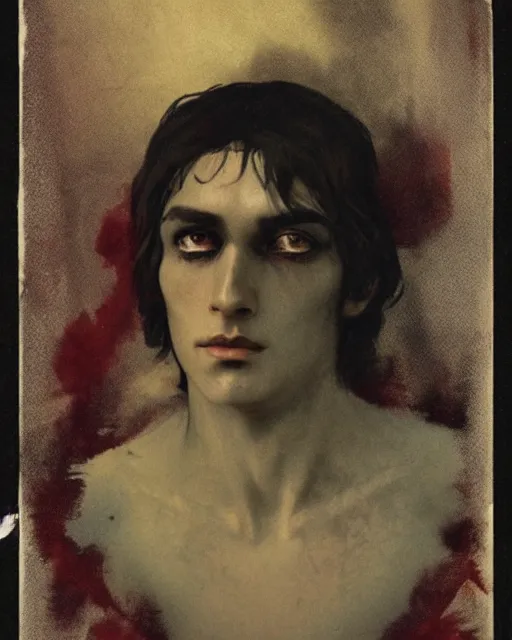 Image similar to a handsome but sinister and creepy young man in layers of fear, with haunted eyes, violence in his eyes, 1 9 7 0 s, seventies, delicate embellishments, a little blood, crimson, painterly, offset printing technique, by alexandre cabanel