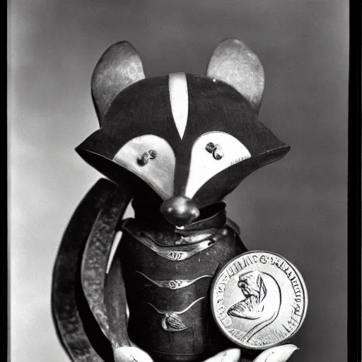 Image similar to anthropomorphic fox multi-jointed puppet who is a medieval knight holding golding coins, 1930s film still