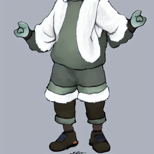 Image similar to boy wearing sheep suit. white, gray, blue, green and brown pallet color. made in abyss art style, inspired in chris from deltarrune