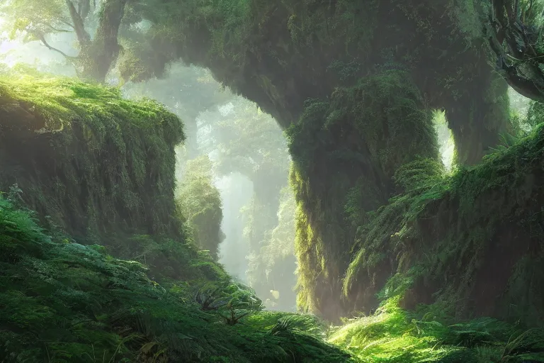 Prompt: natural arches covered in bushes and moss, sunny day, long shot, matte painting, digital art, by greg rutkowski, in the style of studio ghibli, vivid colors, highly detailed, 8 k, establishing shot, smooth, trending on artstation, illustration, realistic