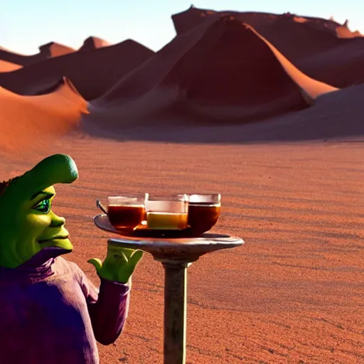 Image similar to Shrek drinking moroccan tea in the desert