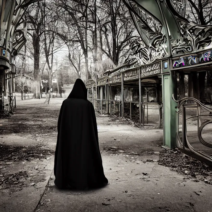 Image similar to a cloaked figure in an abandoned amusement park, by omar z. robles, canon eos c 3 0 0, ƒ 1. 8, 3 5 mm, 8 k, medium - format print