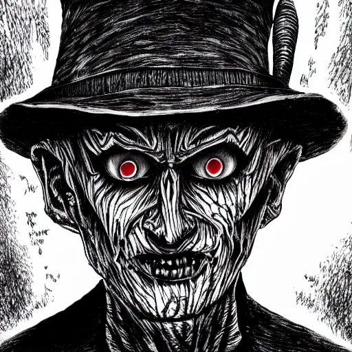 Image similar to Freddy Krueger portrait in the style of Junji Ito. Manga. Black & White. Gothic. Horror. Exquisitely detailed. 4K.