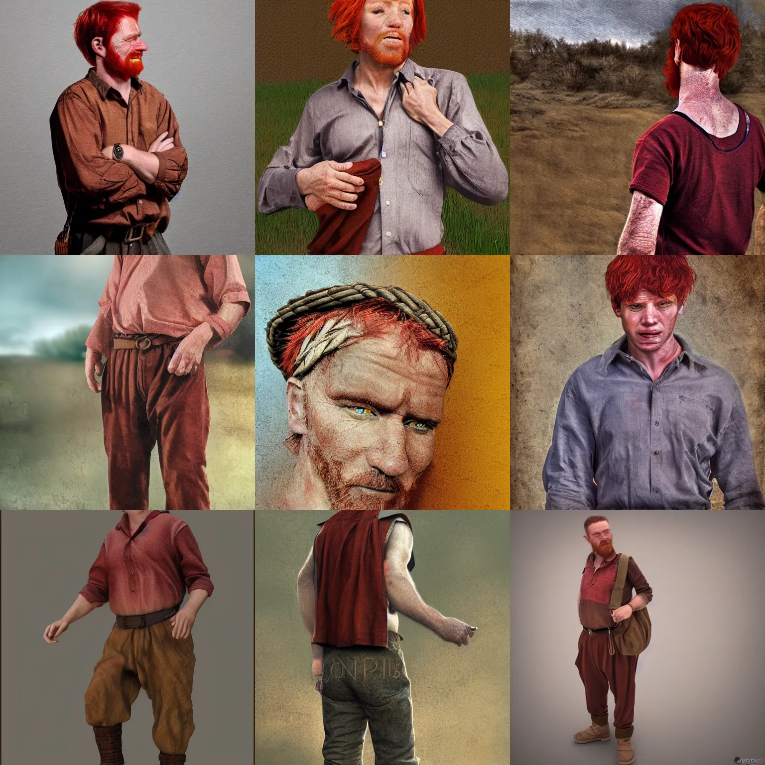 Prompt: red-haired peasant man from Lilliput, brown shirt and pants, photorealistic digital art,