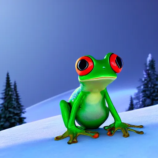 Image similar to 3 d octane render chibi frog character skiing down a mountain, pixar style