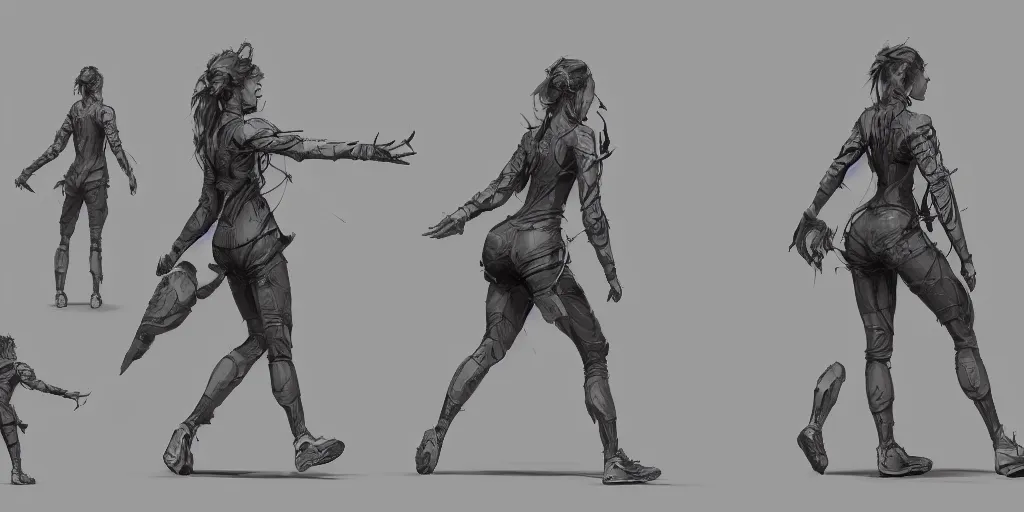 Image similar to tough halston sage running cycle, character sheet, fine details, concept design, contrast, kim jung gi, greg rutkowski, trending on artstation, 8 k, full body, turnaround, front view, back view, ultra wide angle