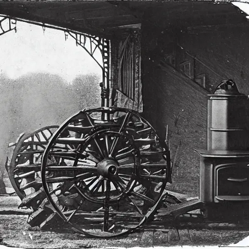 Prompt: a photograph from 1890 of mechwarrior made out of a cast iron potbelly stove