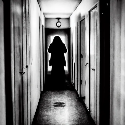 Prompt: Sinister ghost of an old crone with sunken eyes and a grimace smile standing ominously at the end of a dark corridor. Horror HD photo