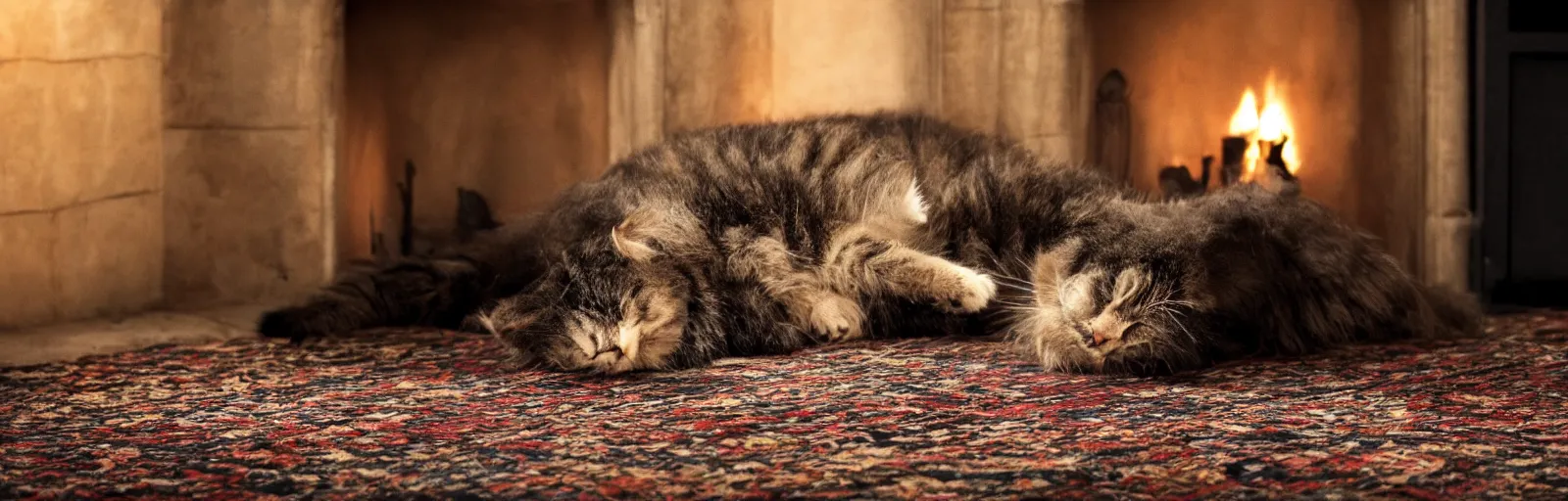 Image similar to a beautiful hairy cat sleeping next to a skull on an old carpet next to a fireplace, 4K, photorealistic, cinematic, moody fireplace lighting, UHD, HDR