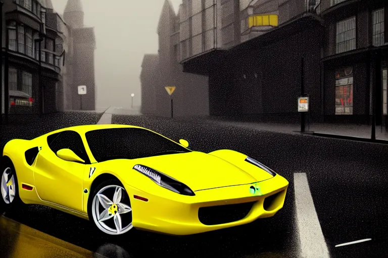 Image similar to a yellow ferrari, dynamic, on a wet london street, raining, clouwdy atmosphere, wide shot, photorealism, some reflexions, canon 5 d, studio ghibli, pixar and disney animation, sharp, very detailed, high resolution, rendered in unreal engine 5, anime key art by greg rutkowski, overcast lighting, dark