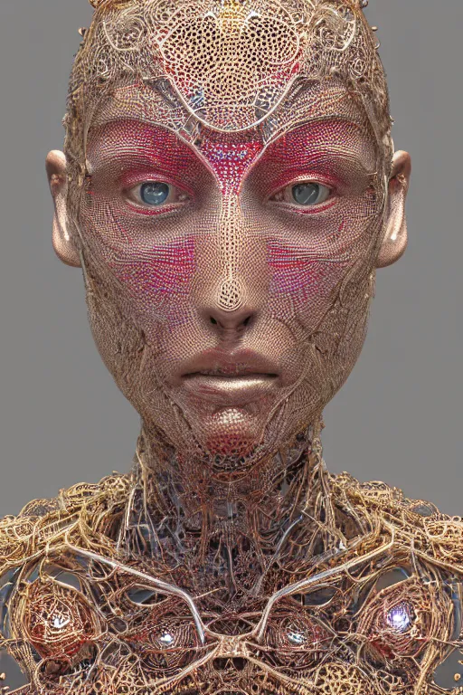 Prompt: a melancholic realistic 8k Sculpture of a complex robotic human face, liquid simulation, bright psychedelic color, dramatic lighting, silver gold red details, hexagonal mesh wire, filigree intricate details, cinematic, fleshy musculature, white blossoms, elegant, octane render, art nouveau, 8k post-processing, intricate art by John Collier and Albert Aublet and Krenz Cushart and Artem Demura and Alphonse Mucha