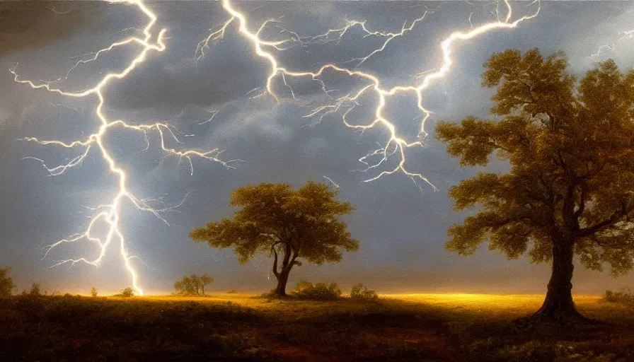 Prompt: A beautiful, highly-detailed oil painting of a lightning striking a lonely oak tree in the middle of a dark, stormy landscape