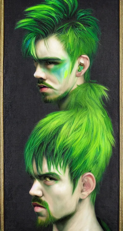 Image similar to jacksepticeye with dyed green hair renaissance portrait painting, chiaroscuro, oil paints on canvas