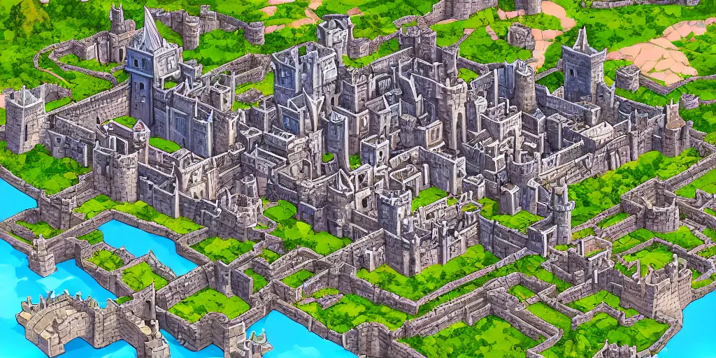 Prompt: Beautiful rectangular walled city state with castle at the top. In style of Lee Myung-jin, Korean MMORPG, manhwa, Ragnarok Online, epic, professional art, digital art, 8K, view from above.