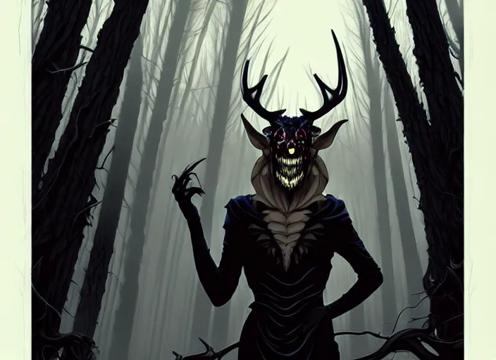 Prompt: style artgerm, joshua middleton, steve niles, diego fazio, j. c. leyendecker : : scary wendigo with antlers and skull face mixed with werewolf : : [ beautiful witch wearing a black dress, symmetrical face, on the right side ] : : in the forest, detailed, dark and foggy, cinematic lighting