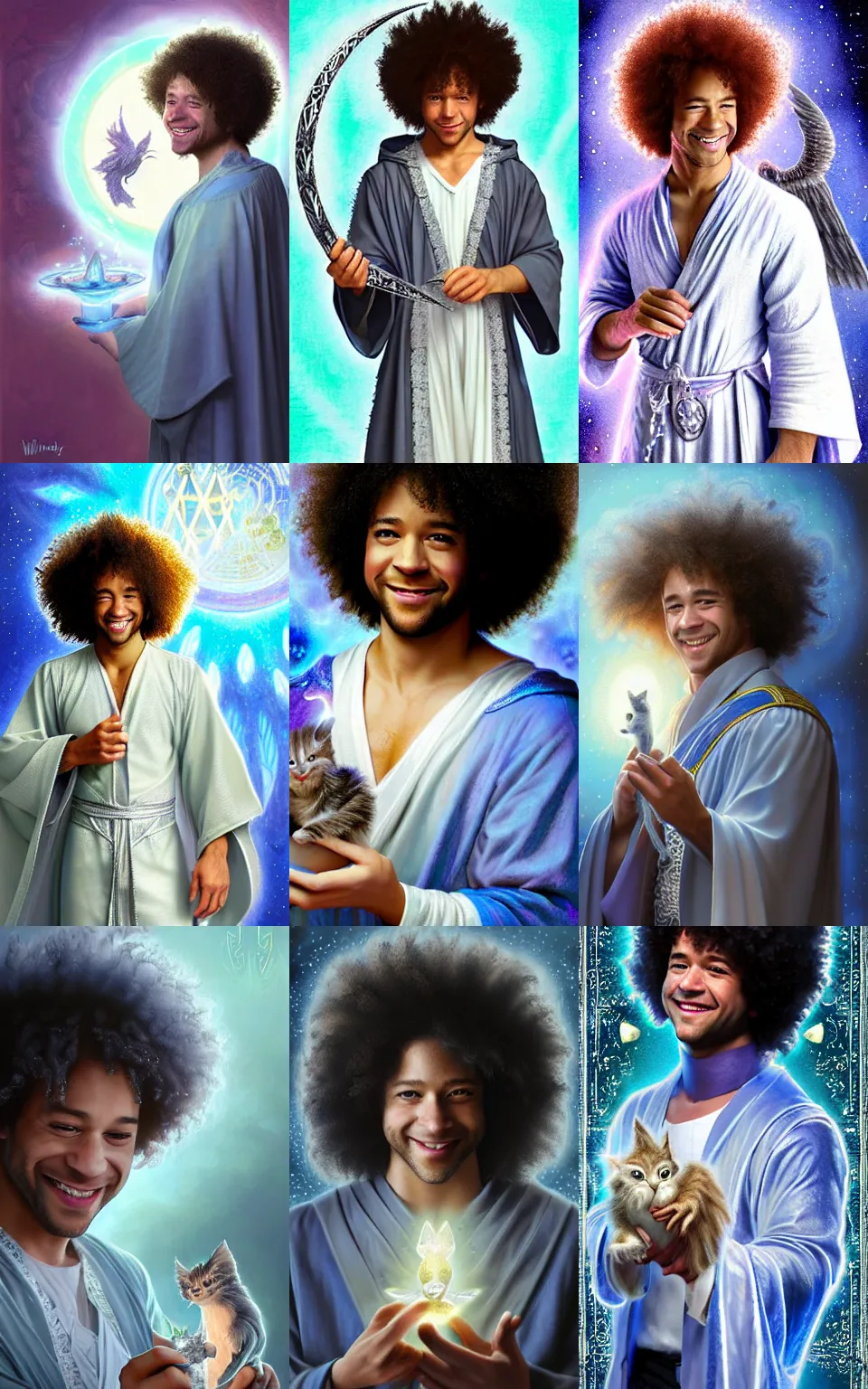 Prompt: character concept portrait of happy Corbin Bleu as wizard enchanting a winged kitten, a floating spell book in the center, intricate, moon-light glow, intricate silver-blue embroidered robes, elegant, digital painting, concept art, smooth, sharp focus, illustration, from Metal Gear, by Ruan Jia and Mandy Jurgens and William-Adolphe Bouguereau, Artgerm