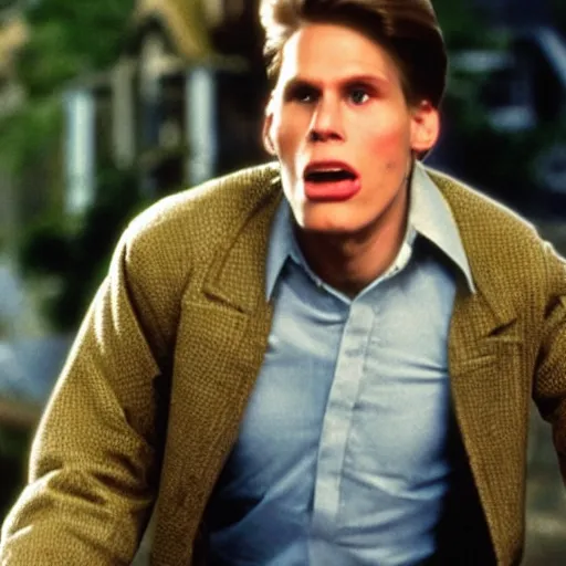 Image similar to Live Action Still of Jerma in Back to the Future, real life, hyperrealistic, ultra realistic, realistic, highly detailed, epic, HD quality, 8k resolution, body and headshot, film still