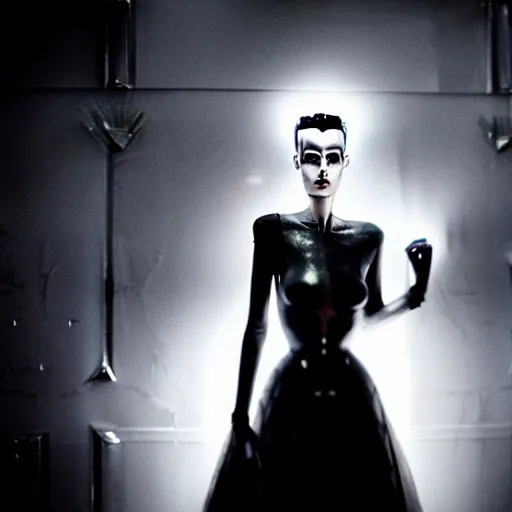 Image similar to cinematic portrait of model kristen mcmenamy as bride of frankenstein as a replicant in a busy nightclub, frightened and angry, still from the movie ex machina, fashion photography, a neon sign is in the background