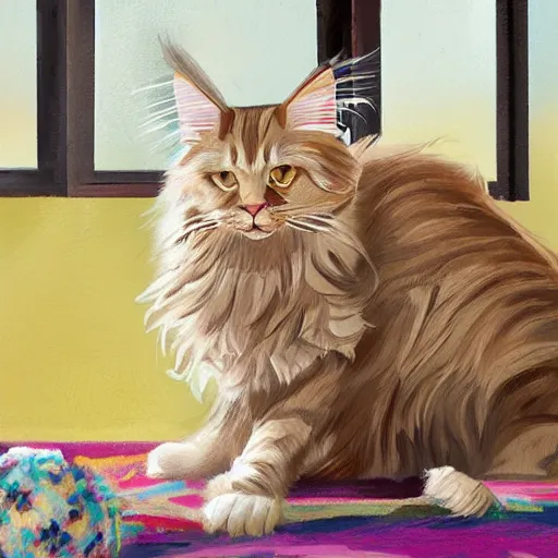 Prompt: cream color maine coon cat chasing a cat-toy-ball in a sunlit bedroom, hardwood floors with a colorful tattered old throw rug, bay window sofa in the background, fun, energetic, amusing, cute, funny, in style of Steve Henderson and Robert Hagan, trending on art station