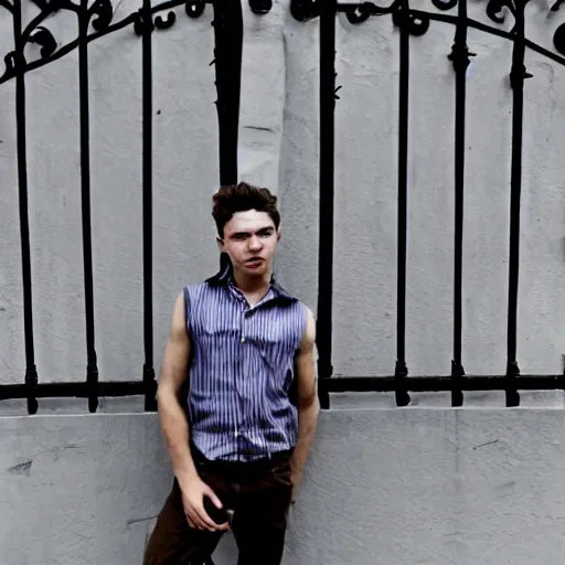 Image similar to Young man standing looking to the right in a red bandana, blue striped shirt, gray vest and a gun with a partly cloudy sky in the background. The young man is standing in front of an iron fence. Photograph. Real life