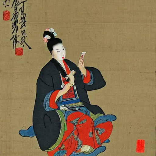 Prompt: oriental water painting of a lady using an iphone during the song dynasty